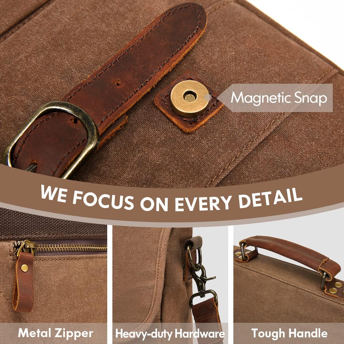 Mens Messenger Bag 15.6 Inch Waterproof Vintage Genuine Leather Waxed Canvas Briefcase Retro Office Computer Laptop Bag Large School Satchel Shoulder Bag for Men Women， Brown - Image 4